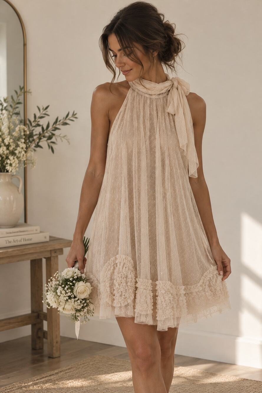 Altar’d State Cream Tulle Ruffle Halter Mini Dress - Boho Scarf Neck Swing Dress